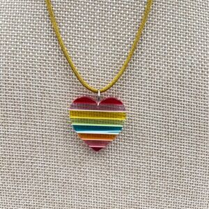 Vtg Rainbow Heart Necklace Pride Jewelry Striped Acrylic Pendant Gold Silk Cord